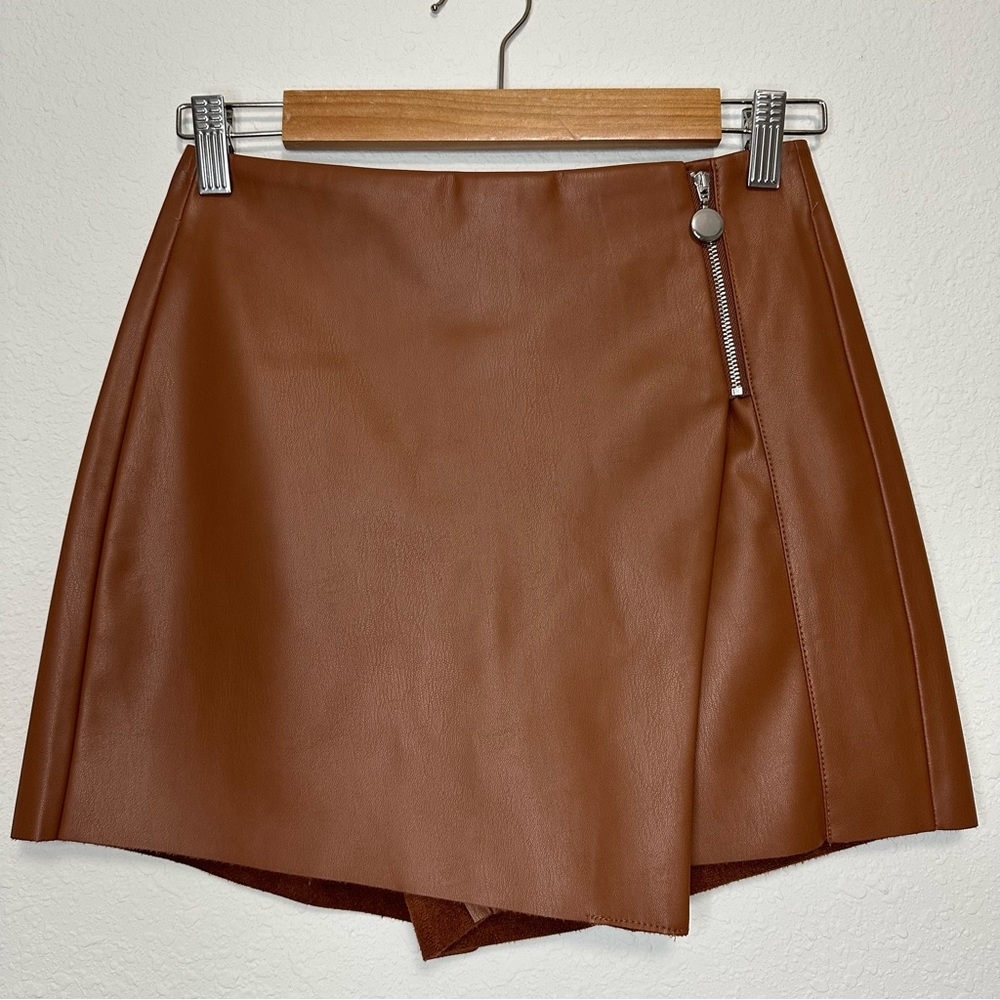 Zara Brown Faux Leather Skort with Side Zip